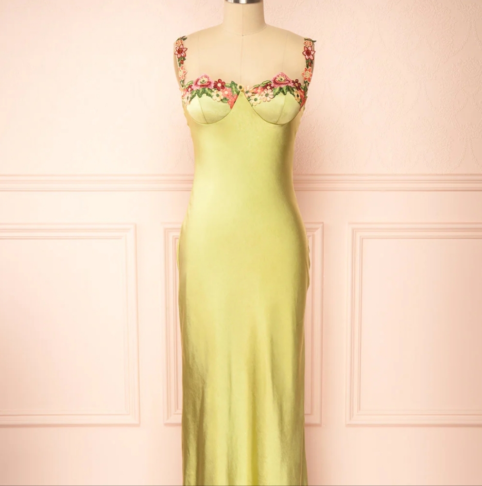 Slip Dress w/ Floral Embroidery